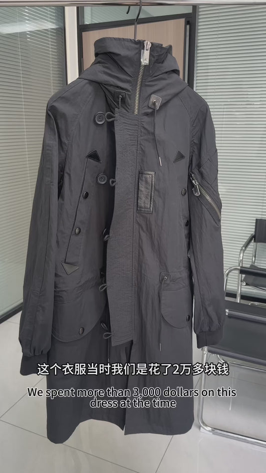 Designer Inspired Oversized Trench Coat｜Windproof Hooded Jacket with Real Leather Details｜Unisex Luxury Classic